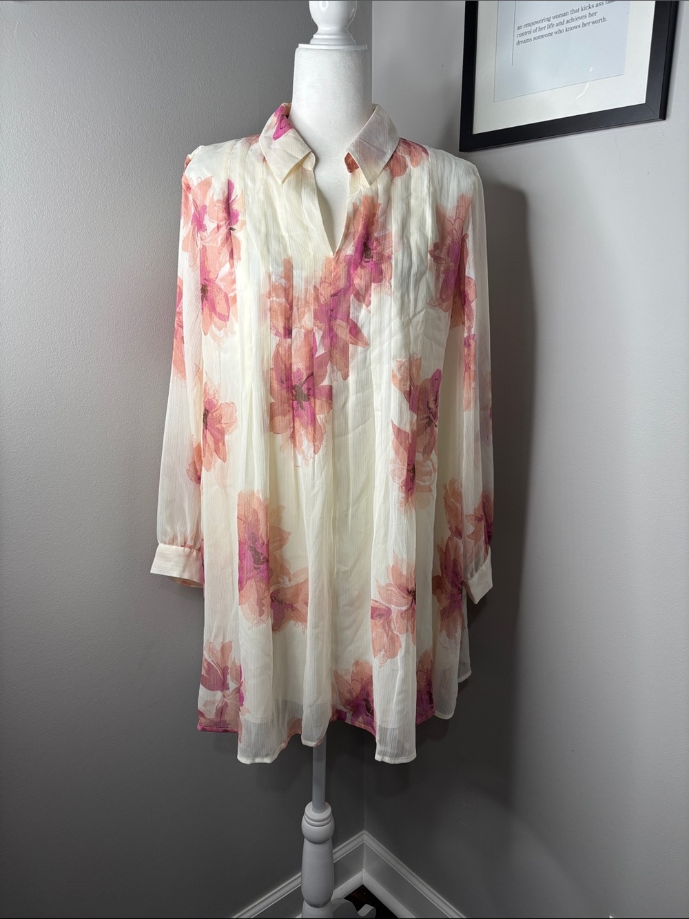 Nine West Cream Sheer Tunic with Pink Floral Print
